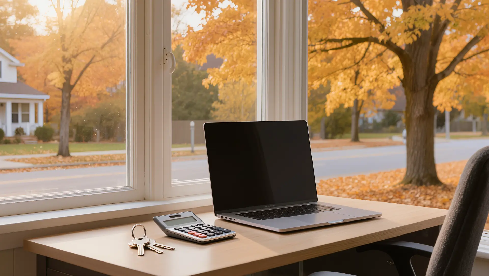 A tidy home office desk with house keys
