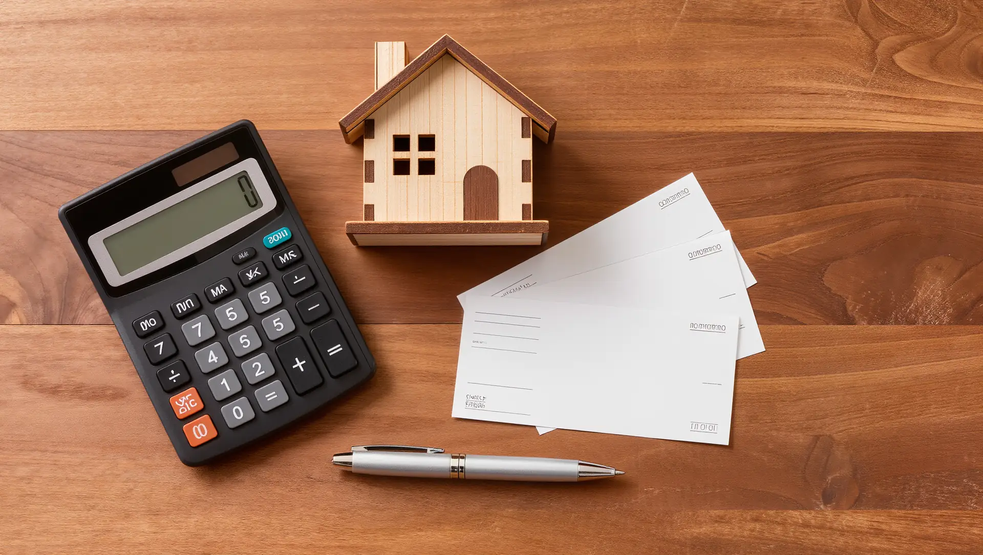 Calculator and a small house model on a wooden table