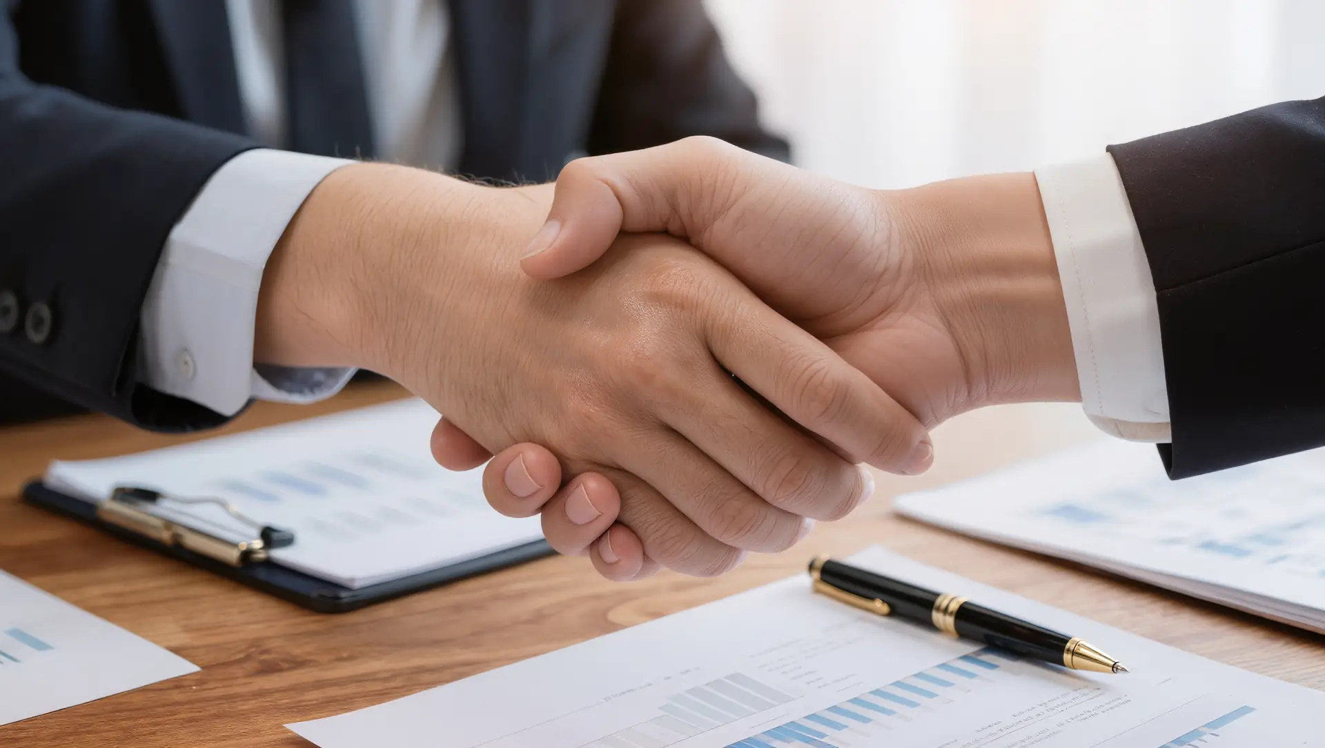 A handshake over a table with paperwork