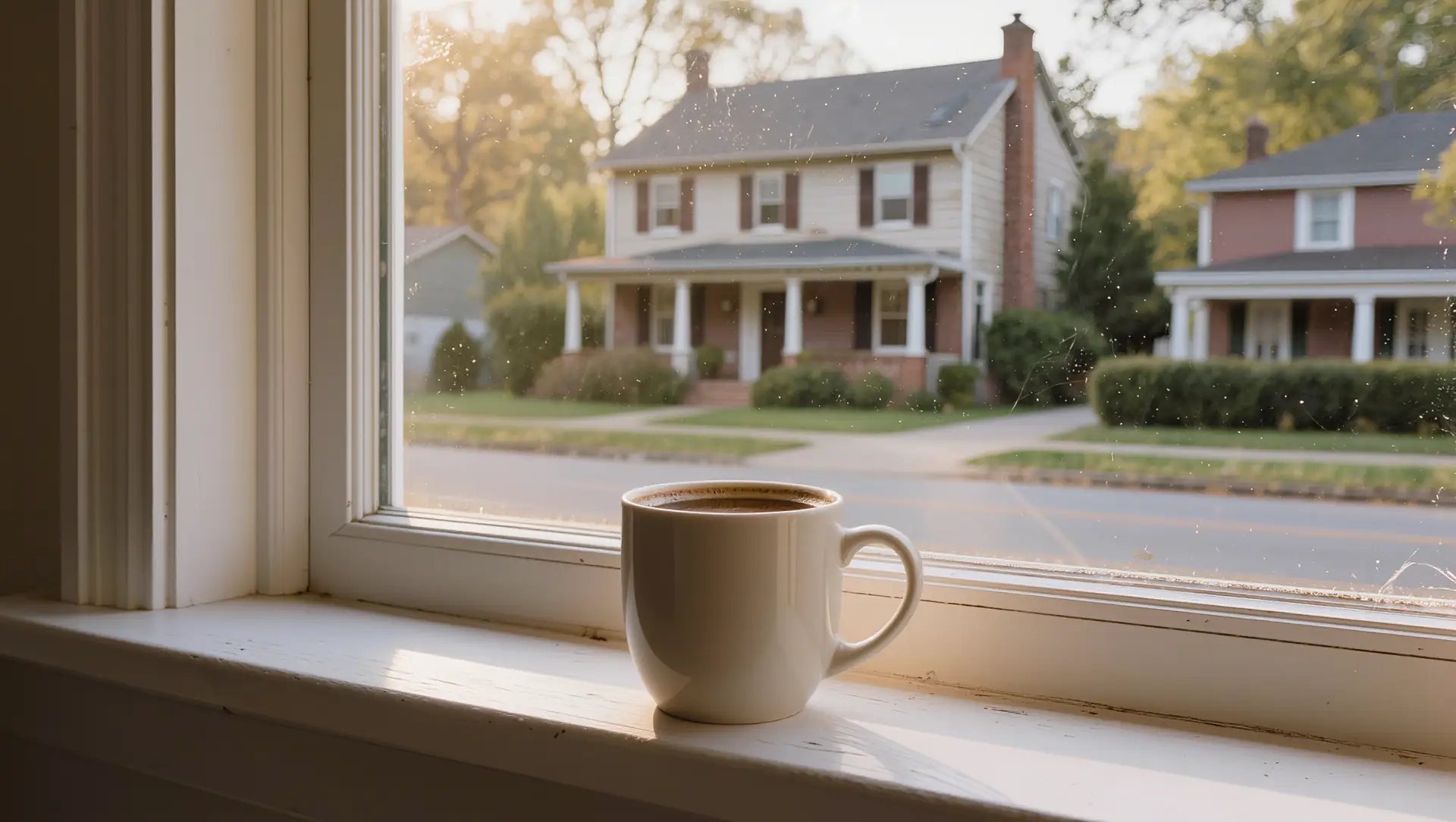 A mug of coffee on a windowsill looking out at a quiet street